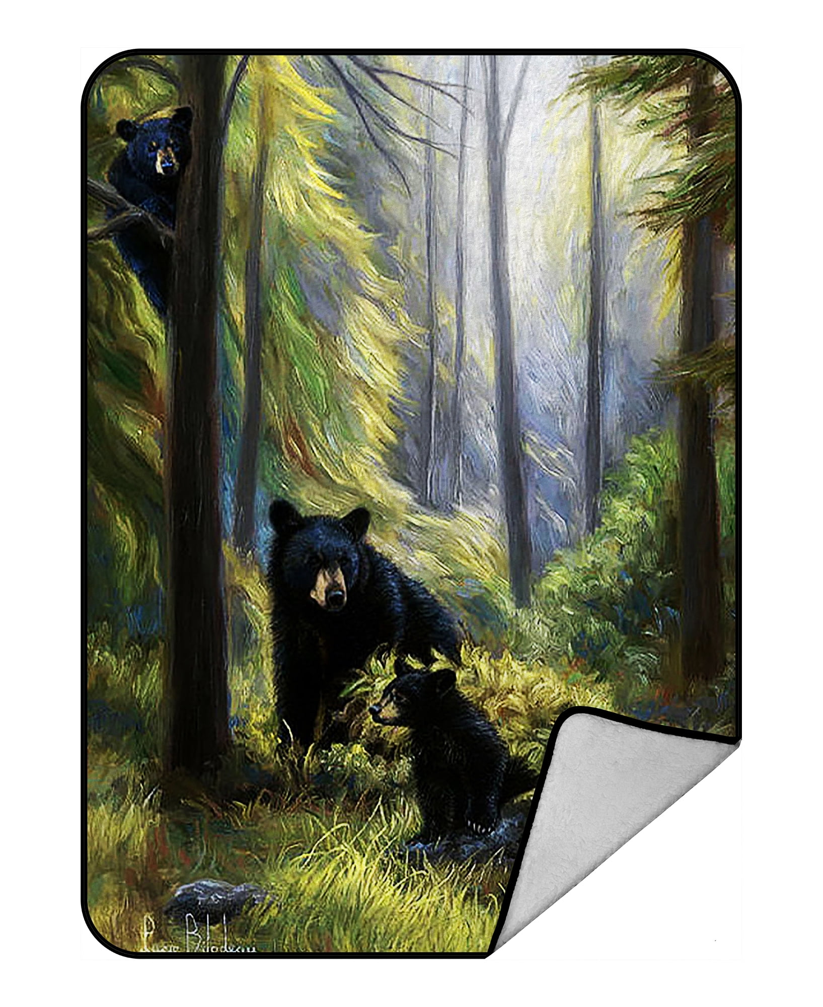 GCKG Black Bear Family In The Forest Fleece Blanket Crystal Velvet