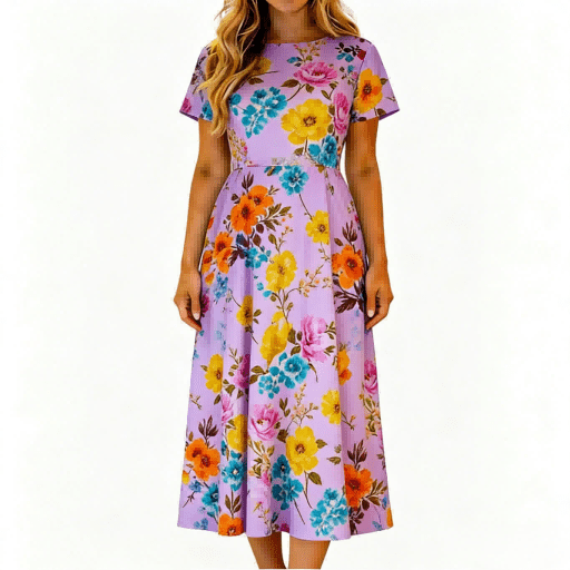 Vestido Casual de Mujer con Cuello Redondo Vestido Impreso con Poliéster Elástico Suave, Vestido de Verano de Patrón Floral Transpirable para las Vacaciones Diarias de la Fiesta