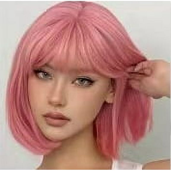 Namzi Short Straight Bob Wigs with Air Bangs Honey Brown Wig for Women Shoulder Length Heat Resistant Fiber Hair Wigs，Pink
