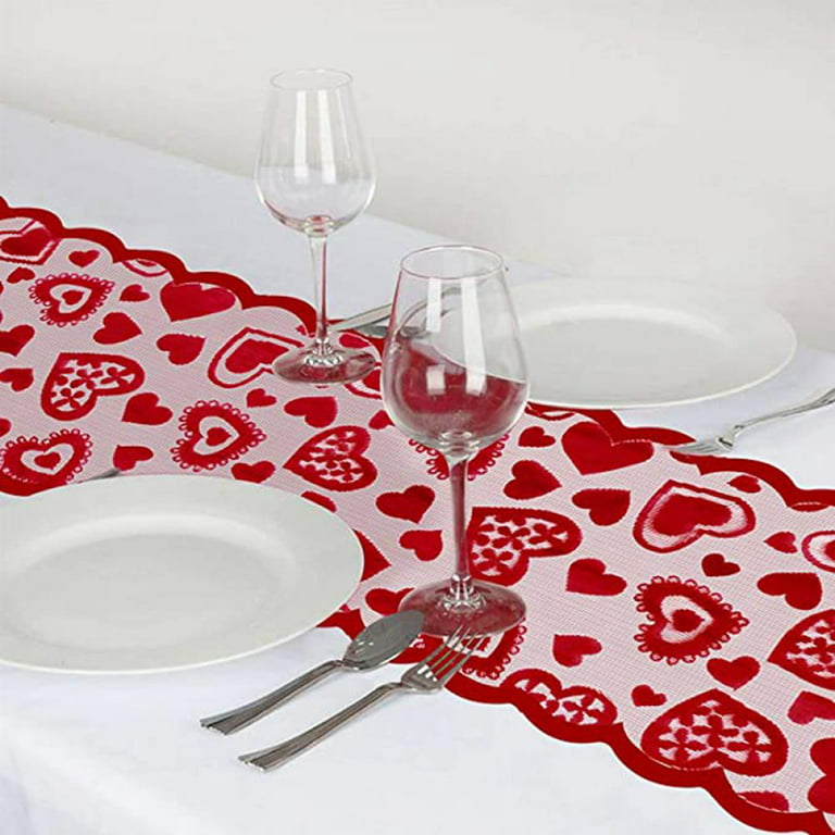 Slopehill Valentines Table Runner Red Heart Print Valentines Day Decorations 13x72 Inches Lace Love Table Runner for Home Wedding Party Table Decorations Long