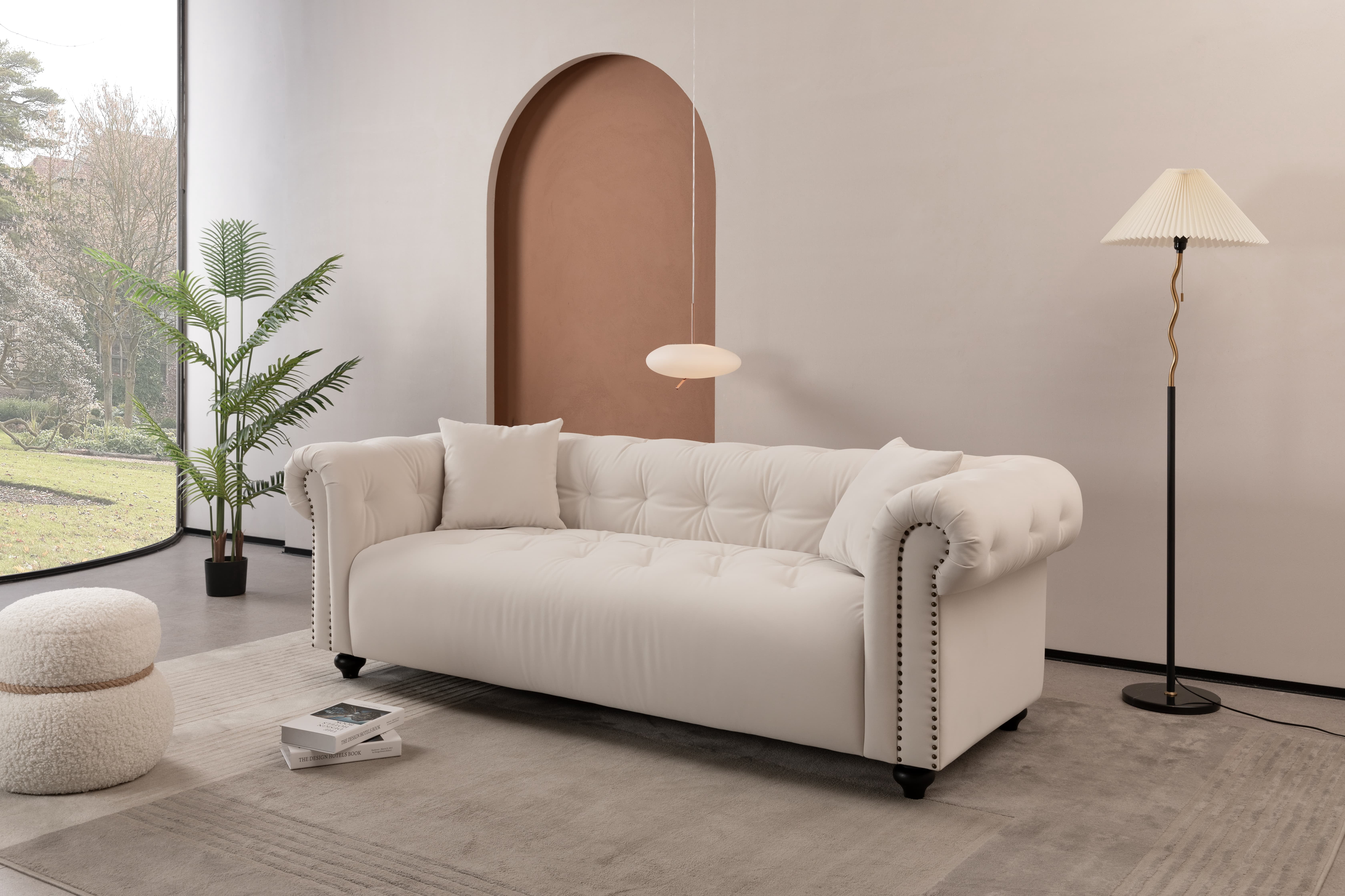 MAYEERTY Vintage medieval style sofa, white, complete only need to install feet can use it, with 2 throw pillows