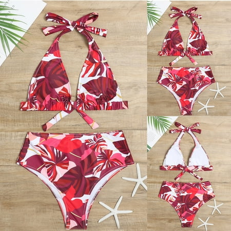 EQWLJWE Women s 2 Pieces Solid Swimsuit Halter String Push Up Triangle Bikini Top and Panty Bikini Set