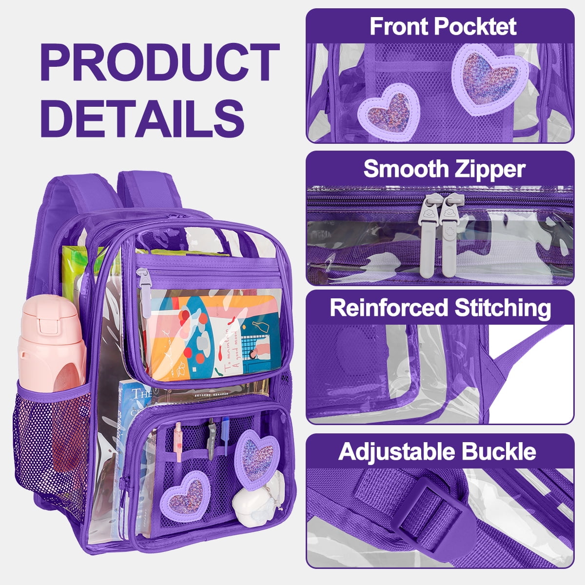 DAKIMOE Clear Backpack Heavy Duty Stadium Approved School Cute Transparent Backpacks Clear Bag Travel