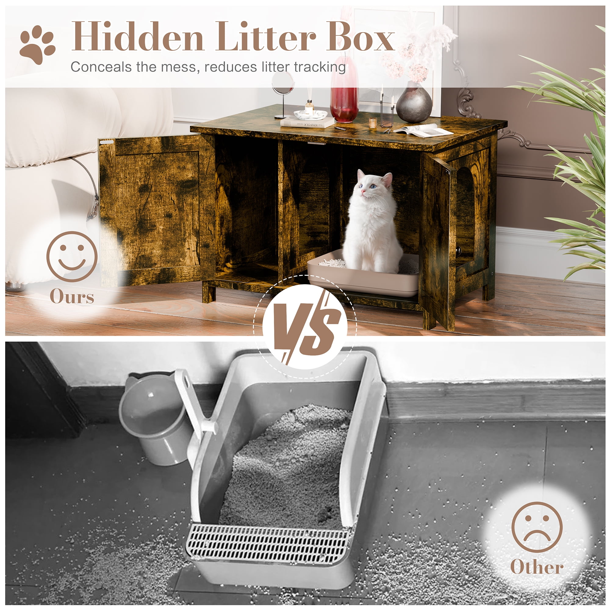 Walsunny Hidden Cat Litter Box Cat Washroom with Double Removable doors and Divider Indoor for Living Room Brown