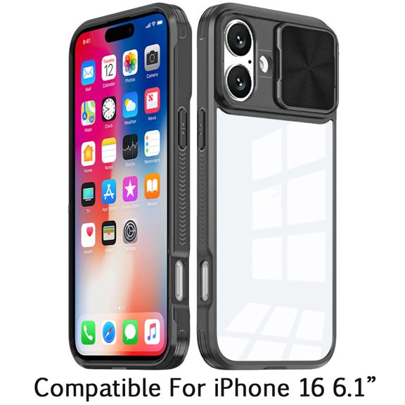 For Apple iPhone 16 (6.1") Hybrid Cases with Sliding Camera Cover Transparent Shockproof Bumper TPU Protective Cover ,Xpm Phone Case [ Black ]