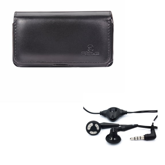 Black Leather Side Case w Headset OEM 3.5mm Hands-free Earphones E7A for Alcatel Idol 5 4S 4 3, Fierce 4, 1x Evolve - iPhone 6S Plus 6 Plus - ASUS Zenfone V Live, PadFone X, Max Plus M1 5z