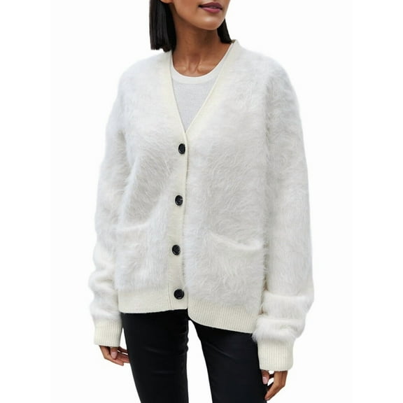 Women'S Fleece Cardigan Sweater Lazy Style Loose Knit Warm Cardigan Sweater White M