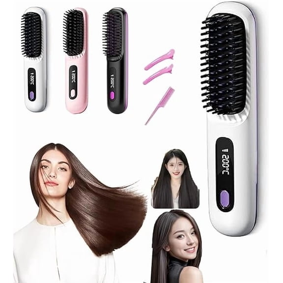LESROLL  Hair Straightener Brush, Cordless Hair Straightener Brush Portable Hot Comb Straightener, USB Rechargeable & 3 Temp Settings & Anti-Scald