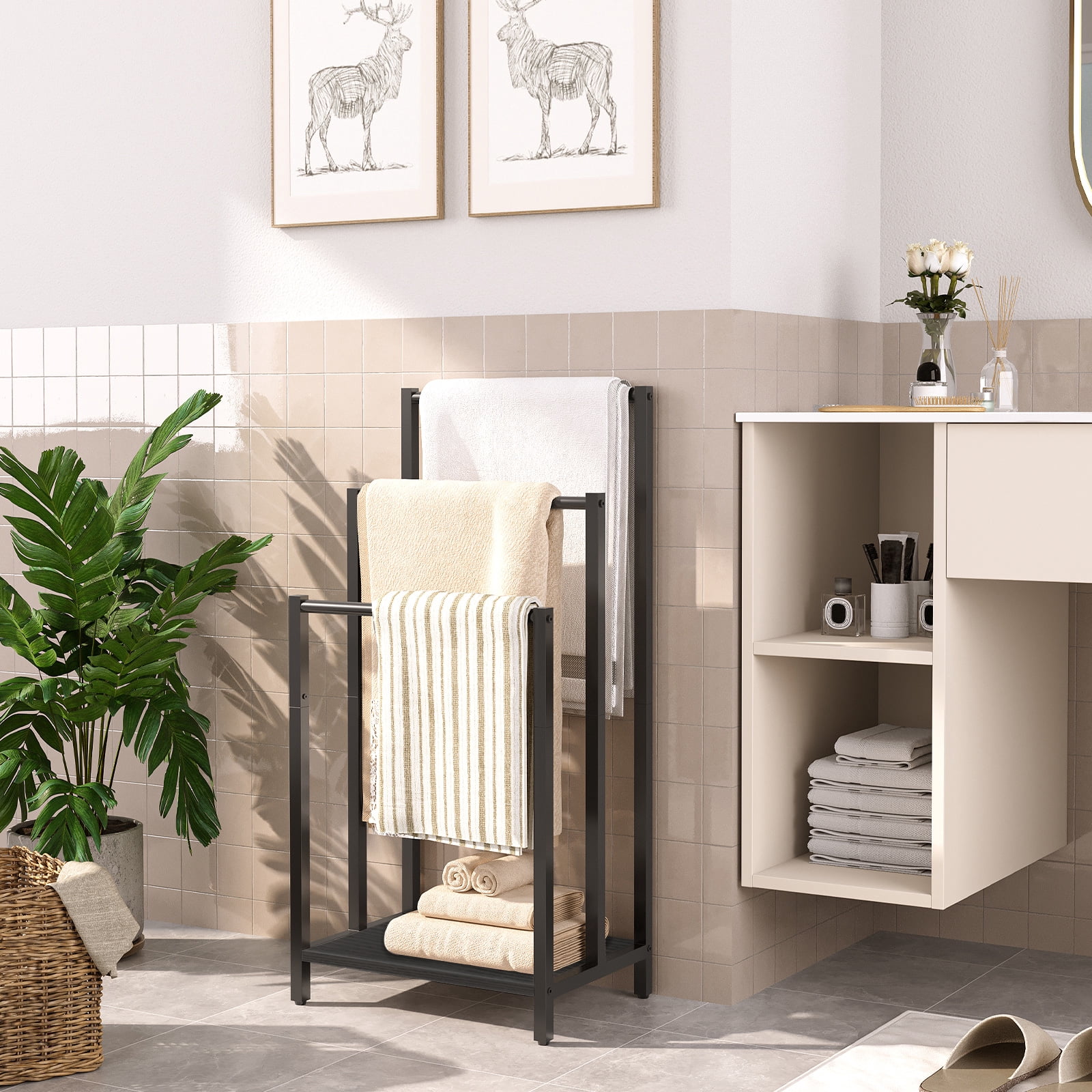 HOOBRO Industrial 3-Tier Freestanding Towel Rack with Shelf, Black