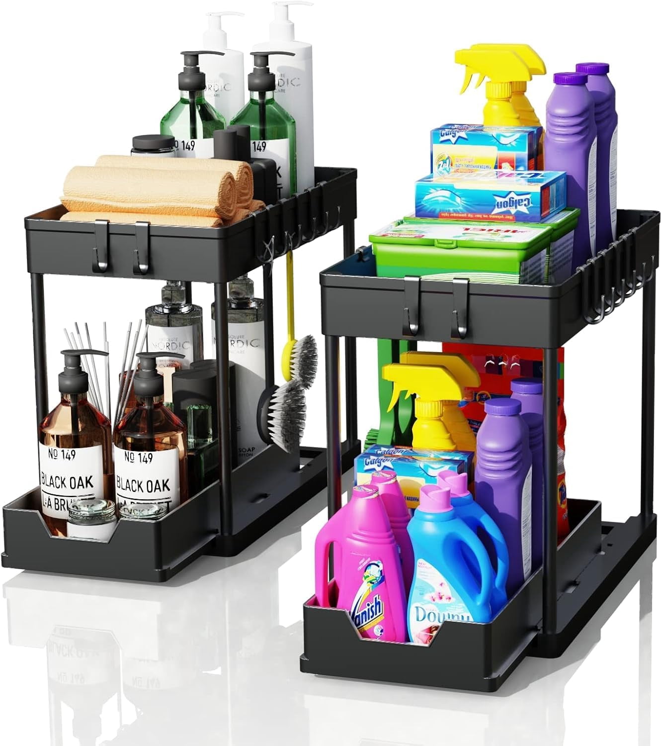RGHJAR-2 Pack black Under Sink Organizers and Storage, 2-Tier Sliding Cabinet Basket Organizer with Hooks, Multi-Purpose Under Sink Organizers and Storage for Bathroom Kitchen