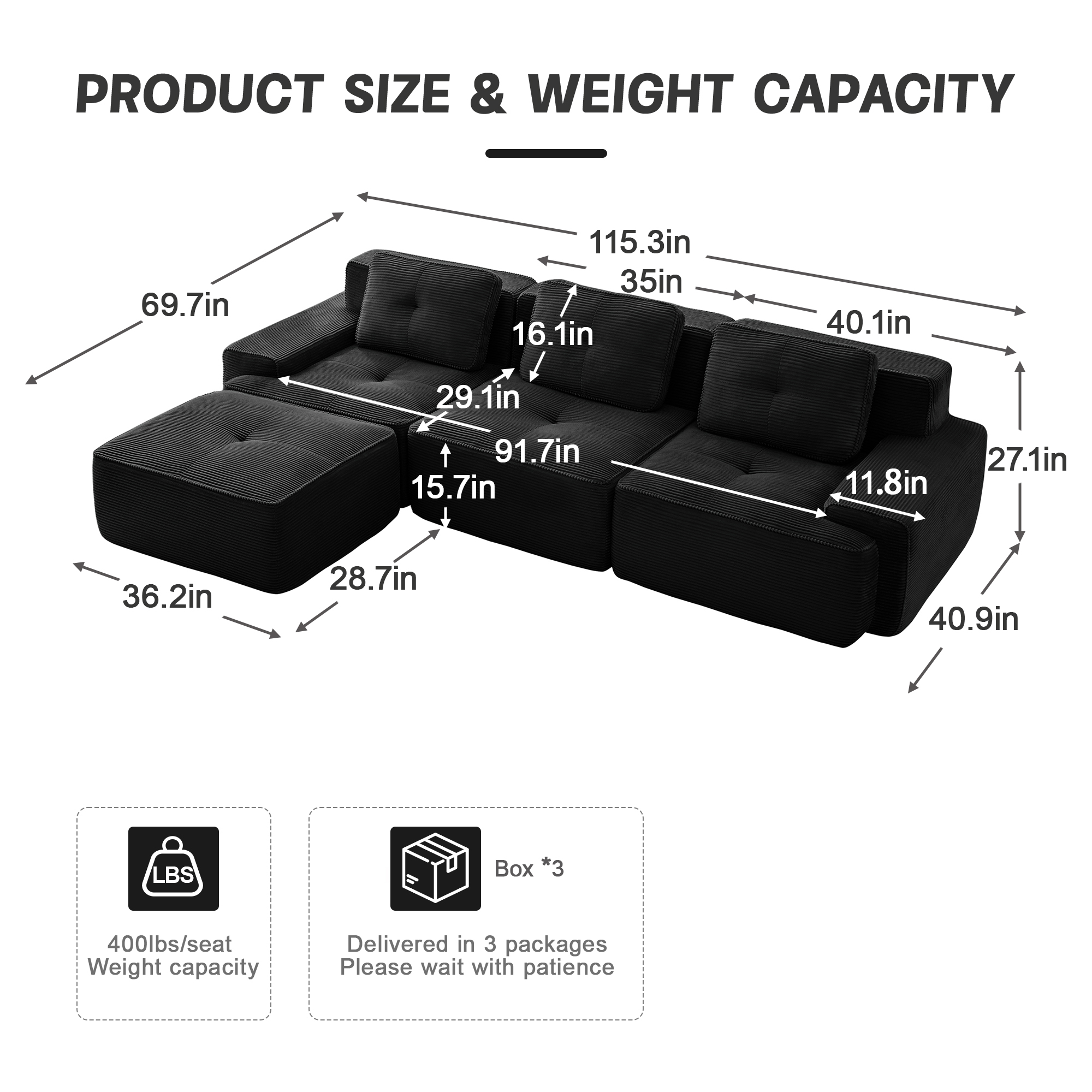Anpport 117" Oversized 3-Seater Couch, Black Corduroy with Cushions, Modular Sectional Sofa with Movable Ottoman, Anti-Slip, No Assembly for Living Room