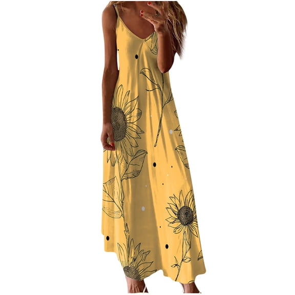 WCMZJ Summer Dresses for Women 2024 Sleeveless Boho Sundress Casual V Neck Long Dresses Hawaiian Beach Dress for Vacation Yellow XL