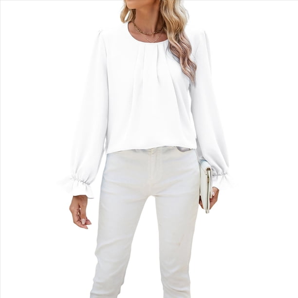 Camisa de Holgada de Larga con Cuello Redondo y Color Liso para Mujer, Elegante y A . M