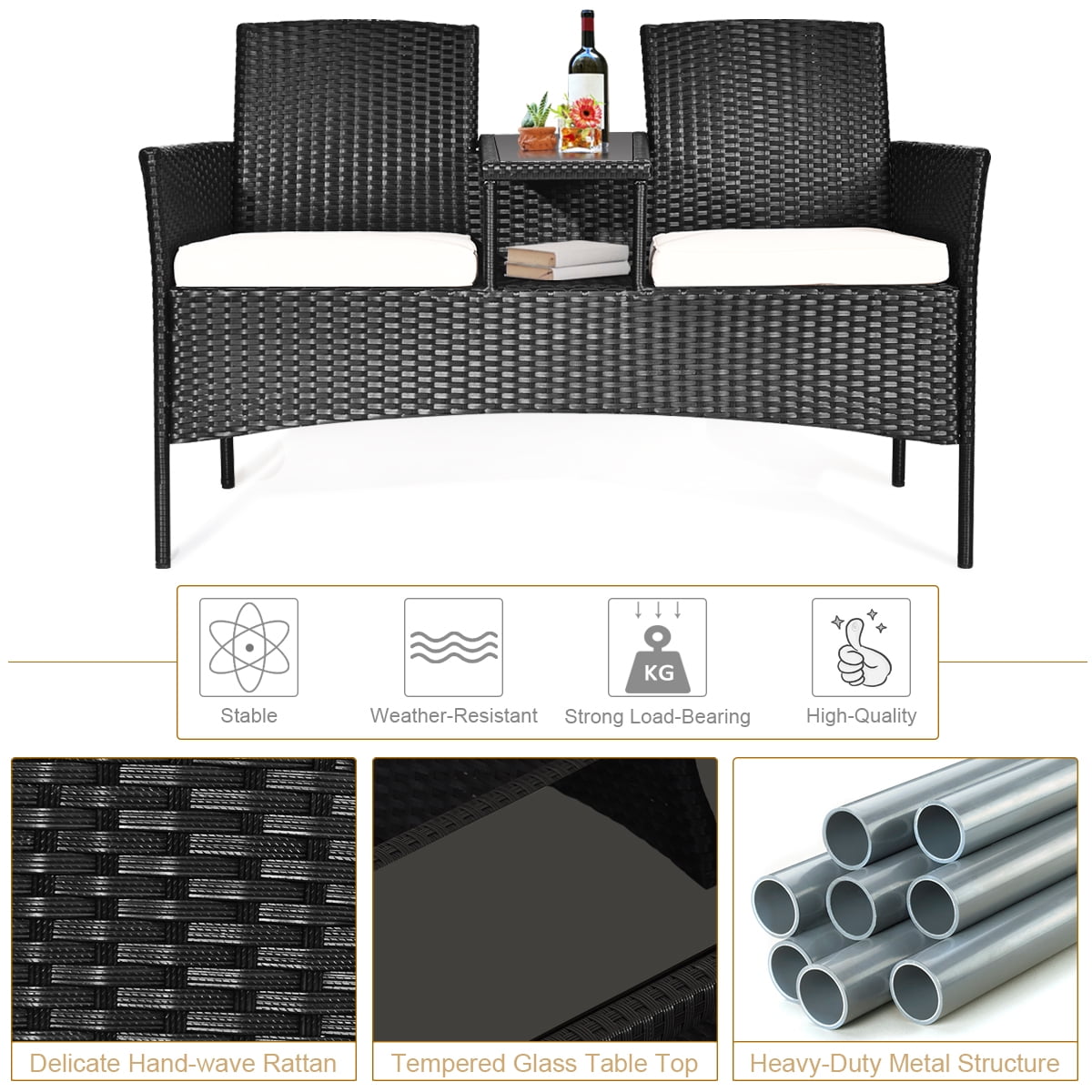 Costway Patio Rattan Conversation Set Seat Sofa Cushioned Loveseat Glass Table Chairs