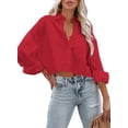 thumbnail image 2 of Langwyqu Turn-Down Collar Women Solid Button Crop Tops Lapel Blouse With Pocket, 2 of 5