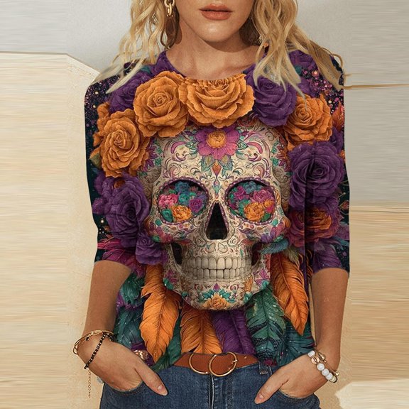 Xdegoge Womens Sugar Skull Graphic Tees Long Sleeve Crewneck Casual Tops Day Of The Dead Print Loose Fit Shirts Fall Festival Holiday Novelty Blouses