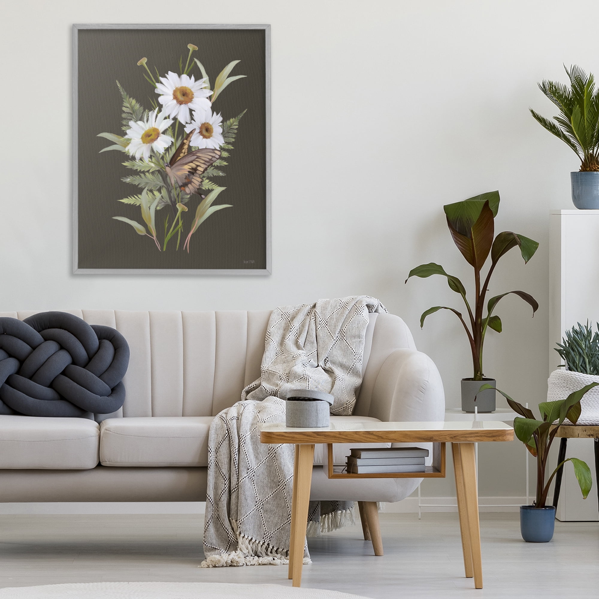 Stupell Industries Daisy Bouquet with Swallowtail Gray Framed Giclee Art, design by House Fenway