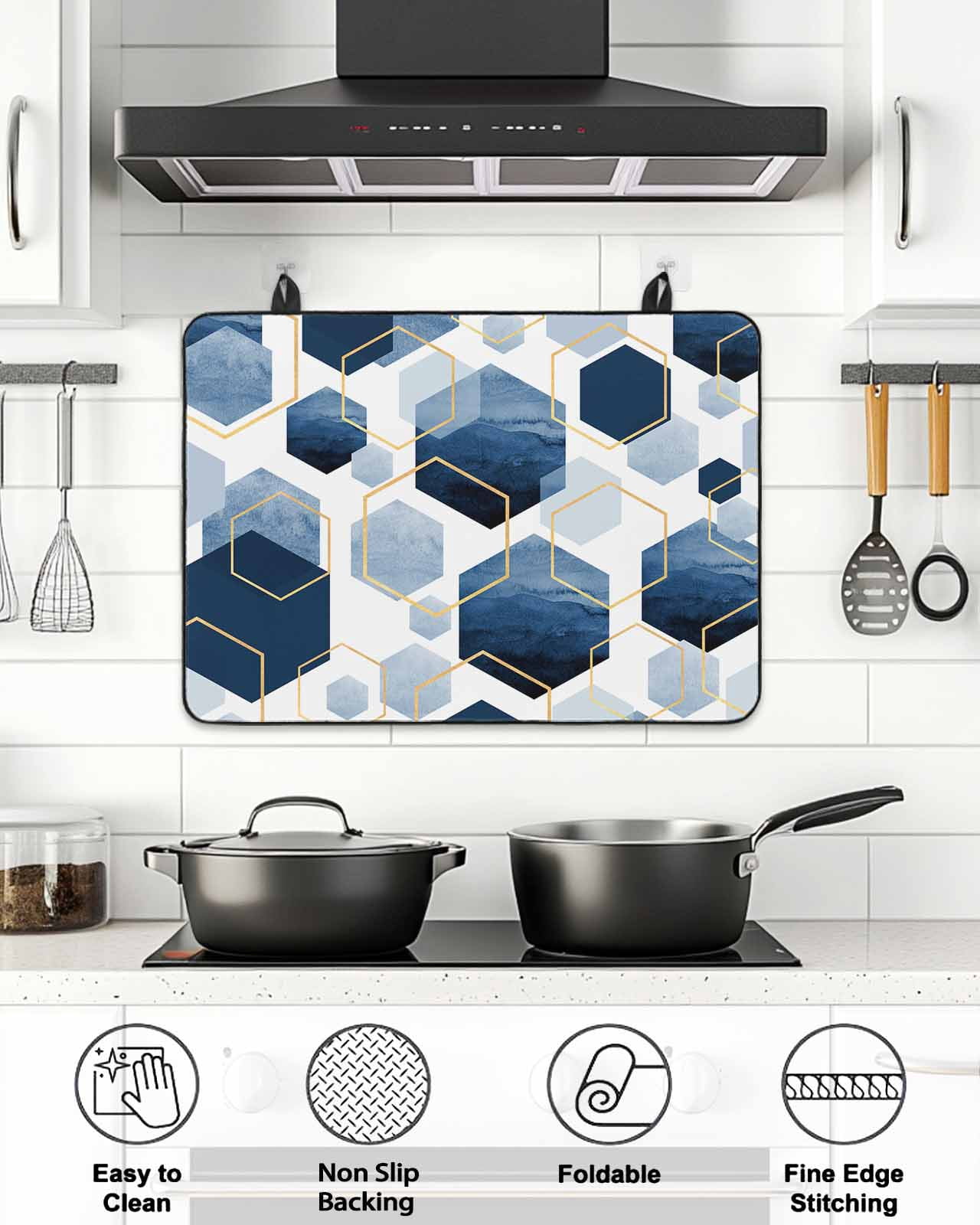 Stove Top Covers for Electric Stove, Navy Blue Marble Glass Stovetop Cover Protector, Gold White Geometric Hexagon Modern Induction Cooktop Protector Oven Mat for Kitchen Countertop 36"x21"