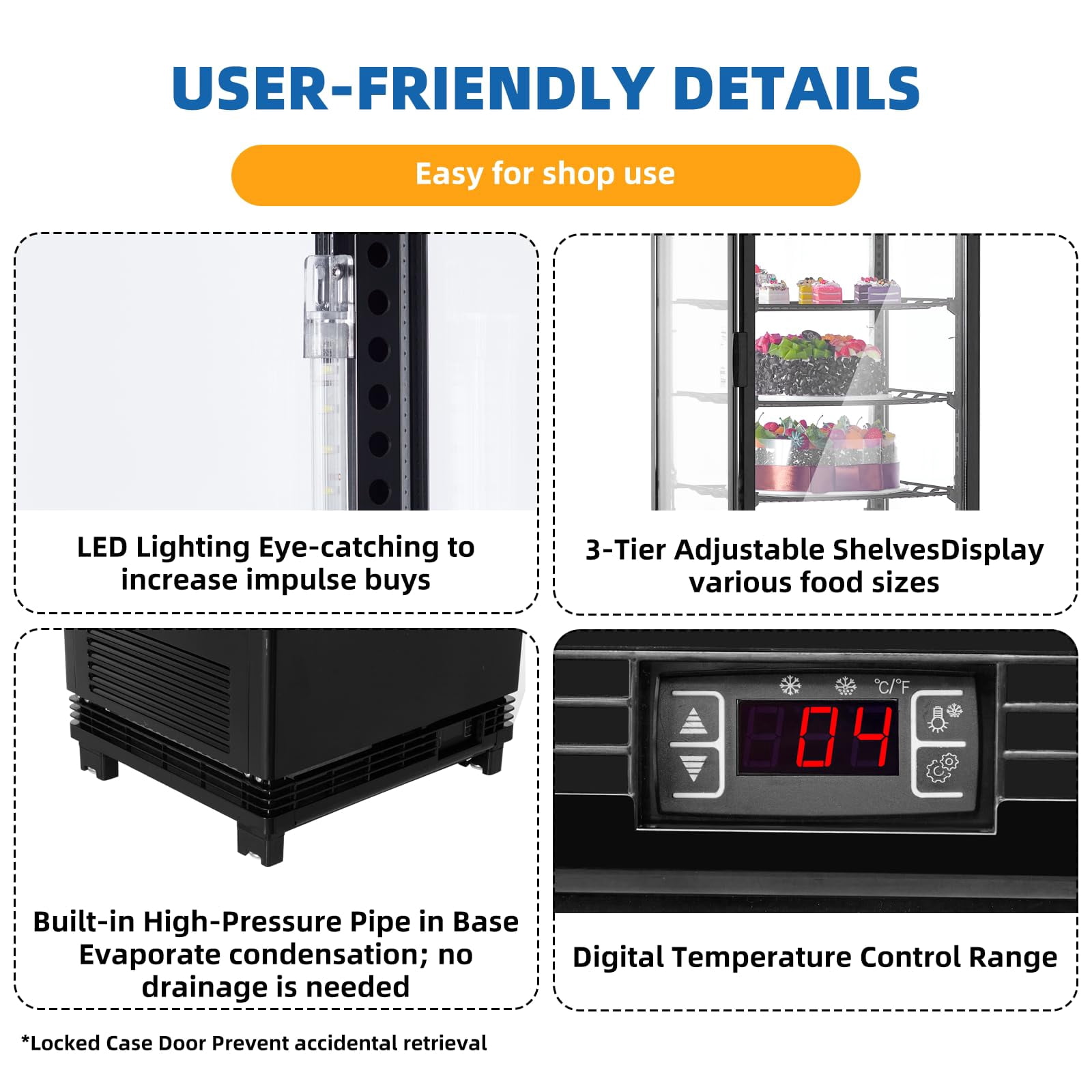 Commercial Cake Display Refrigerator, 3.5 Cu.FT Single-Door Merchandiser with Interior LED Lighting, Double-Layered Glass, Countertop/Floor Refrigerator, 110v