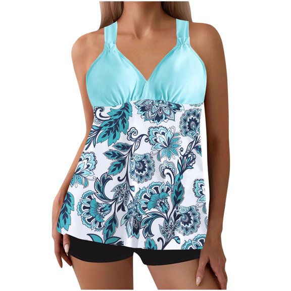 Fewfanhot Women's Halter Neck Padded Bikini Tankini Set, Ruffled Print & Black Swim Shorts, Modest Two Piece Tummy Control Bathing Swimsuit Plus Size