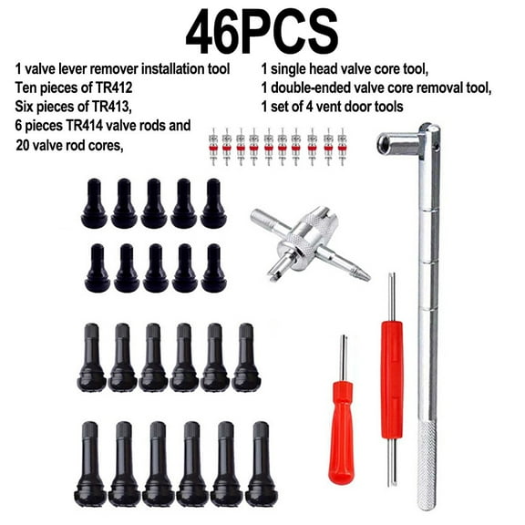 46Pcs Car Quick Tire Valve Replacement Tool Kit For Cars,Atvs,Trucks Leaky Valve Includes 1 Valve Stem Remover Tool, 10 Tr412