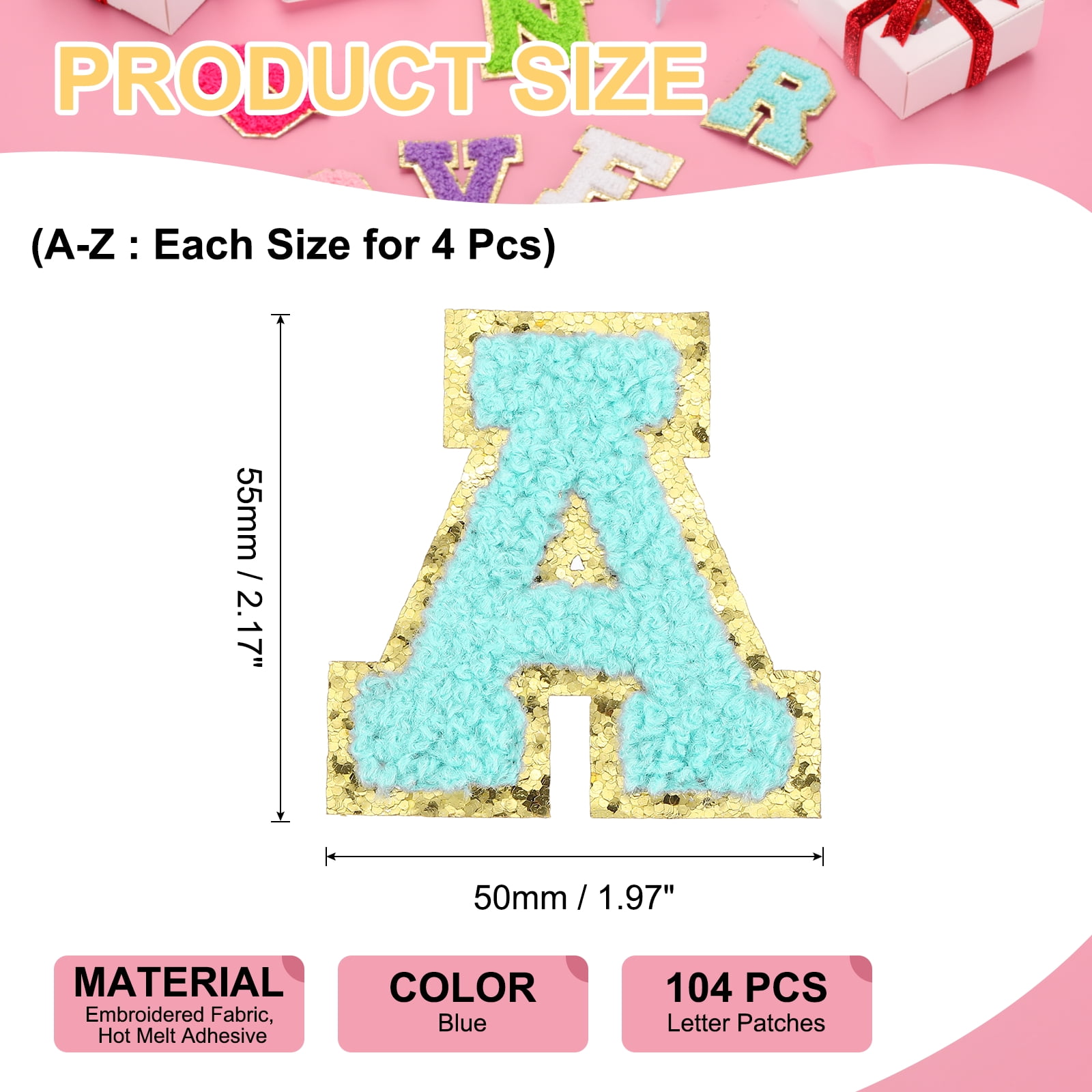 Uxcell Letters Patches, 104 Pcs Initial Letter A-Z Iron on Patch Embroidered Fabric Alphabet Stickers for Clothes Hats Makeup Bags DIY, Blue