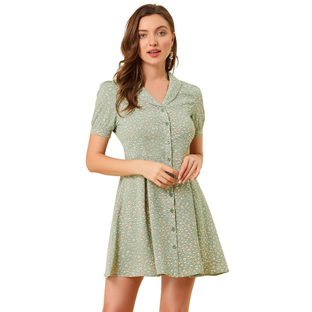 Vestido Camisero de Manga Corta Allegra K Estampado Floral Verde L