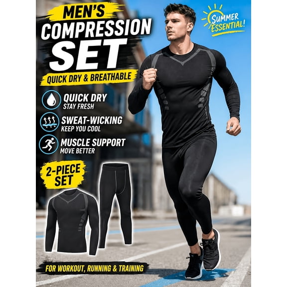 Men's 2-Pack Fleece Lined Thermal Compression Athletic Outfit Sets, Long Sleeve Tops & Pants Winter Warm Long Johns Underwear for Skiing Running Hunting Gym