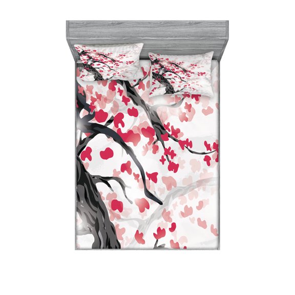 Ambesonne Cherry Blossom Fitted Sheet & Pillow Sham Set, Twisted Trunk, Queen, Charcoal Grey Dark Coral