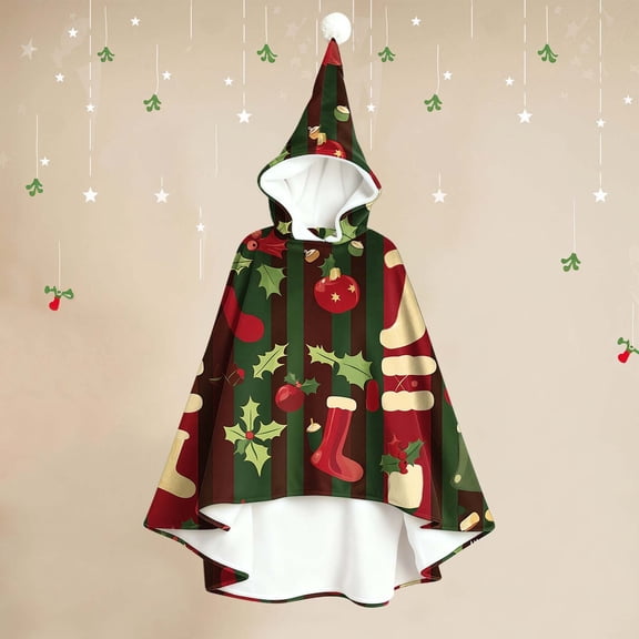 TtopsQueen Vertical Striped Christmas Print Kids Hooded Cape, Sock Bauble Holly Pattern Lined Pom Pom Hat Cloak for Holiday Red,Free Size