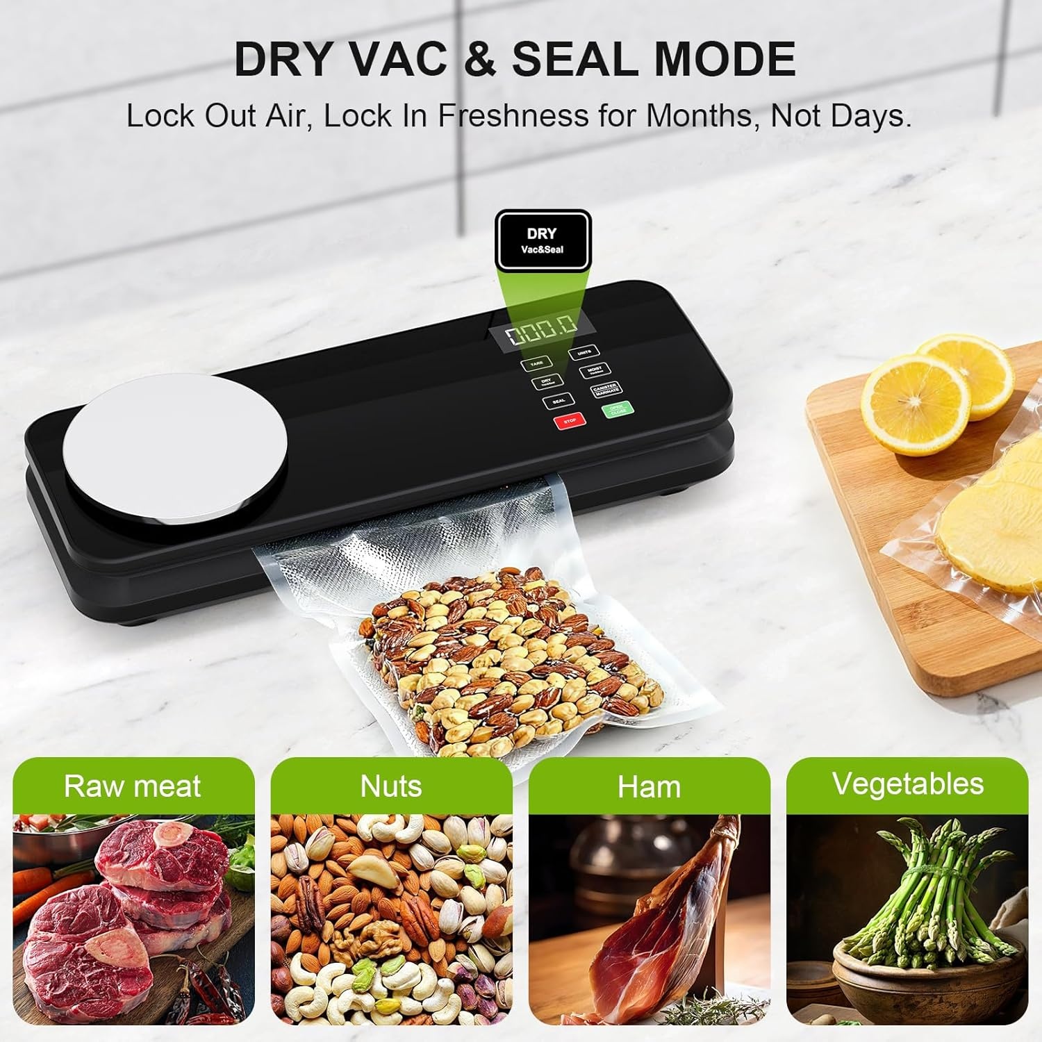 90KPA Food Vacuum Sealer with Kitchen Scale, One-Touch Automatic, Multiple Modes​​, Compact Design with 10 Vacuum Bags & Built-in Cutter
