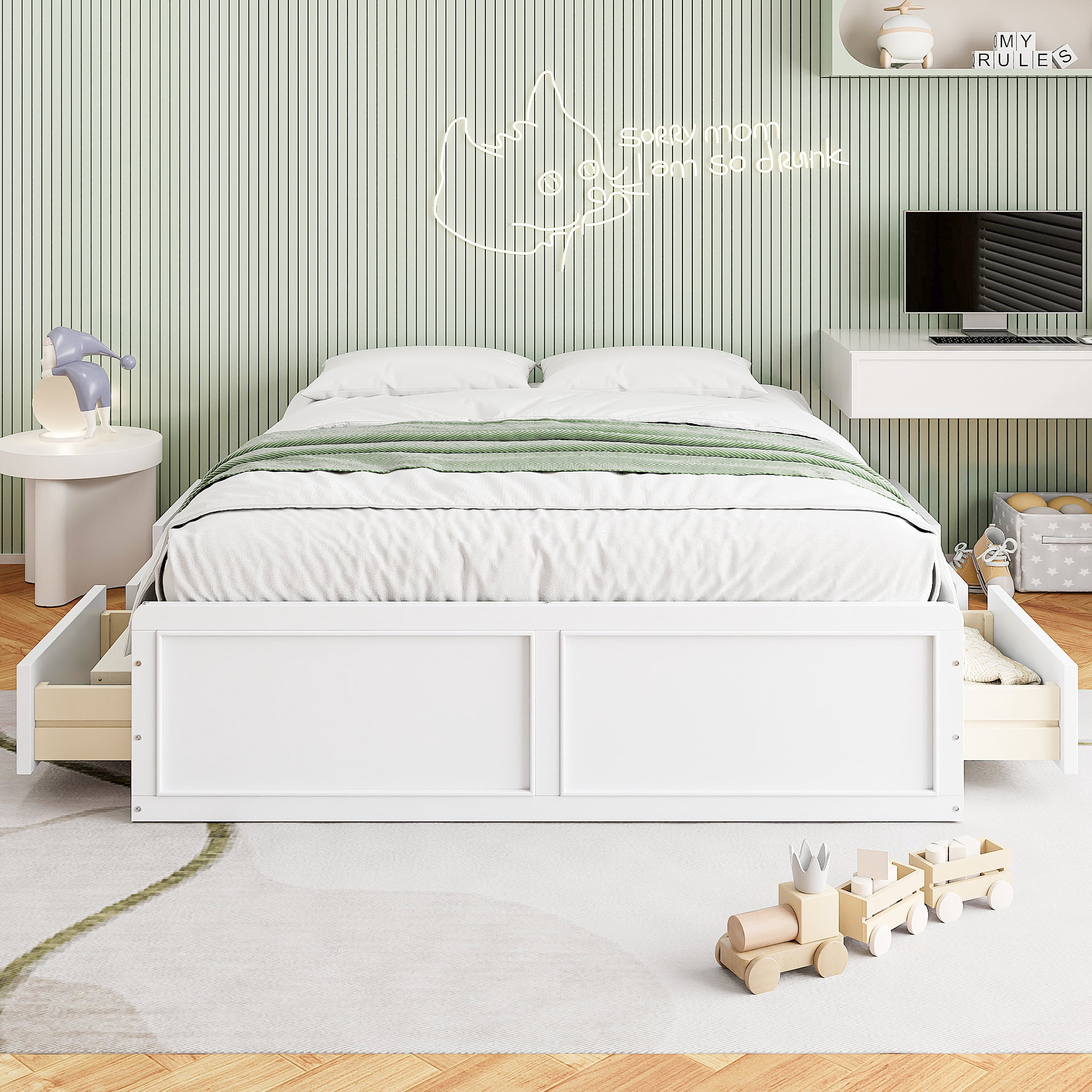 Jopath Queen Size Platform Bed Frame with 6 Drawers, Wood Bed with Slatted Base for Teen and Adult White