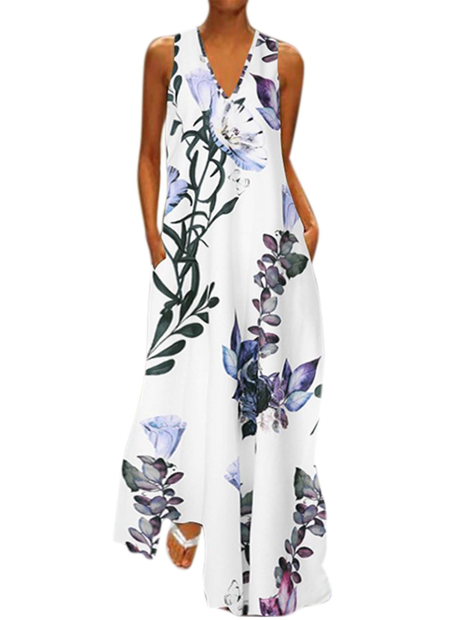 Women's V Neck Boho Floral Sleeveless Maxi Dress Plus Size Summer