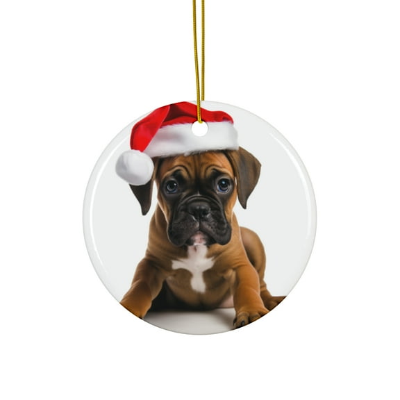 DistinctInk Hanging Ceramic Christmas Tree Ornament with Gold String - Great Gift/Present - 2 3/4 inch Diameter - Boxer Puppy Design