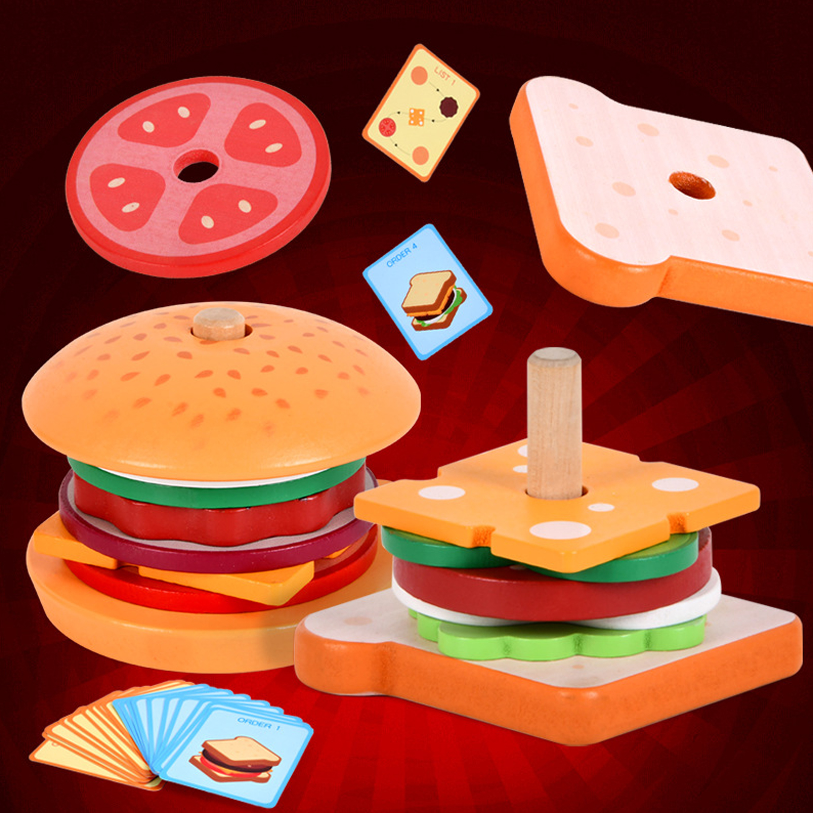 Montessori Mama Stacking Hamburger Toy, Create a Burger Sequencing Stacker,  Food Stacking Toys Hamburger, Multi Cultural Play Food Sorting Toy
