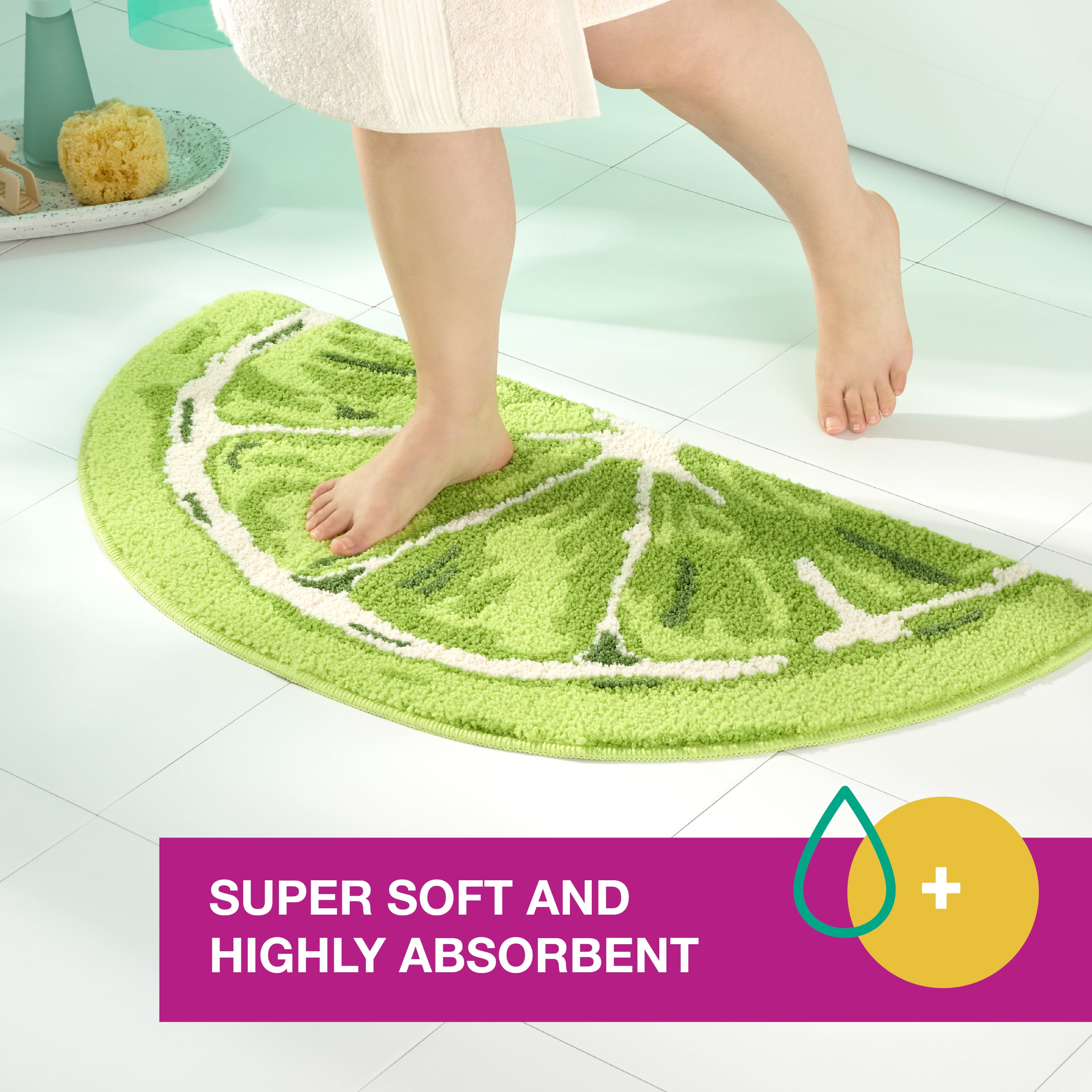 TOWN & COUNTRY PLAY Citrus Slice Lime Half Circle Shaped Bath Mat, Absorbent Tufted Floor Mat, Non-Slip Backing, Machine Washable, Green, 34.7"x18.1"