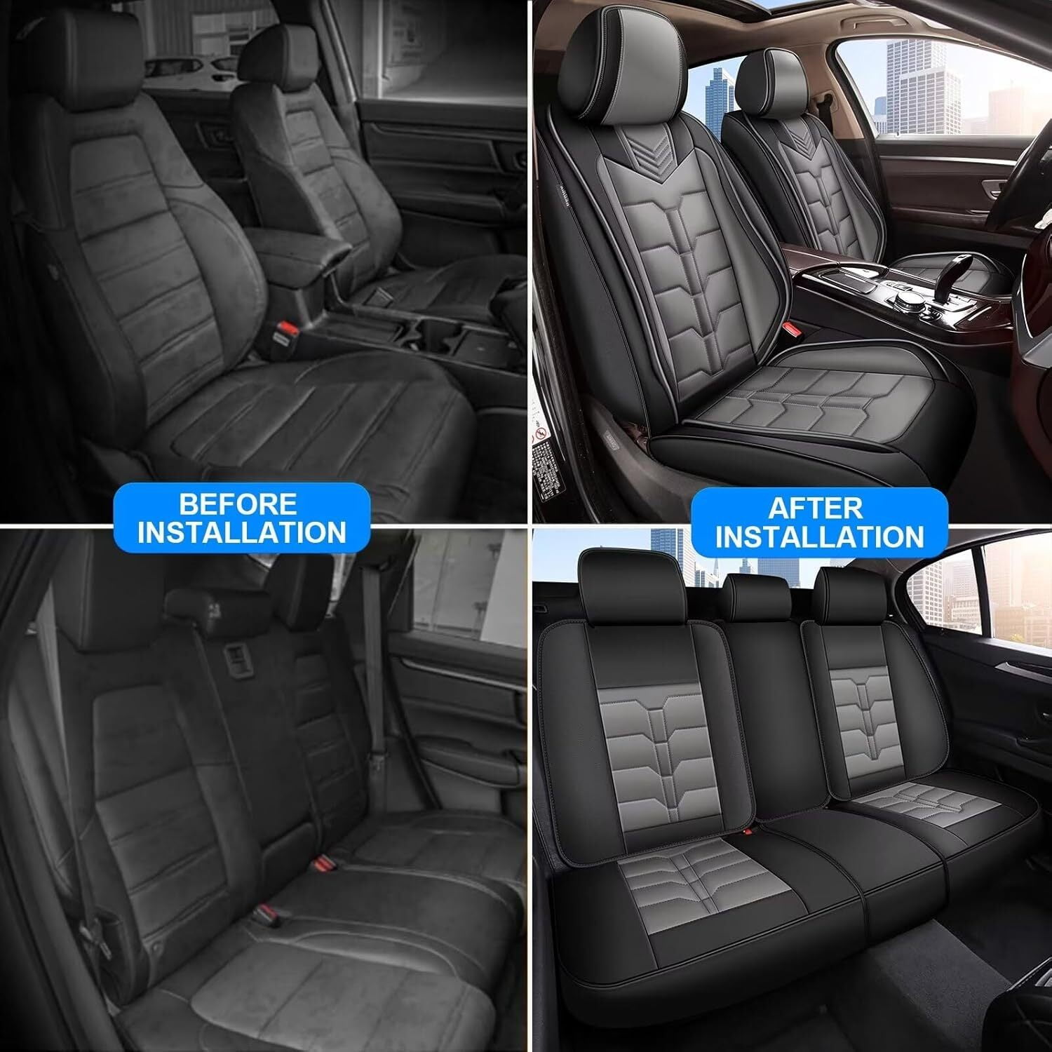 DIKSOAKR 2 Front Car Seat Covers Fit for Toyota RAV4 2007-2025 Faux Leather Seat Cushion with Lumbar Support Airbag Compatible Automotive Interior Accessories (Black&Gray)