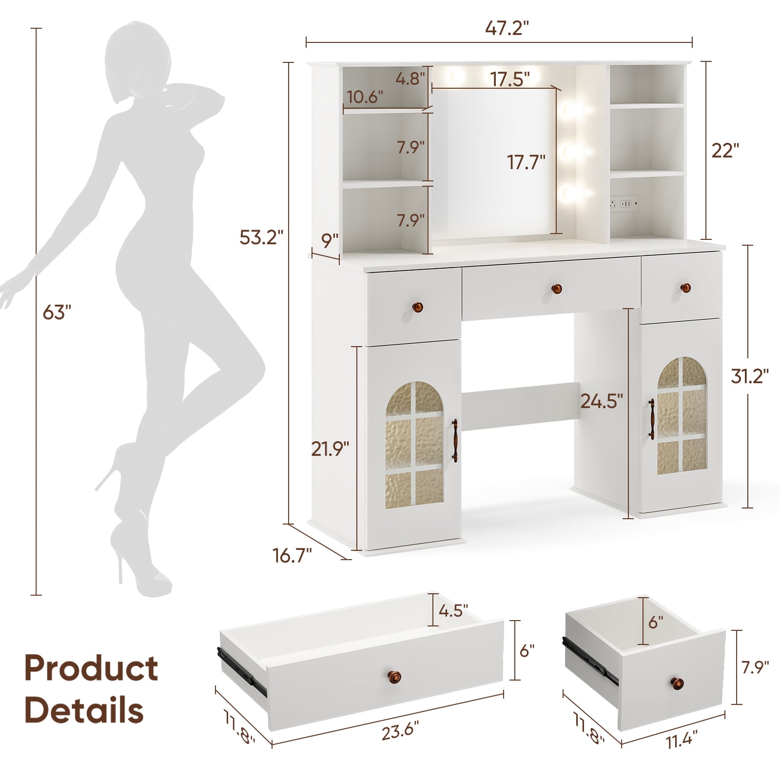 Raffle Pinker 47.2" Vanity Desk with Lighted Mirror and Charging Station, Makeup Vanity with 3 Colors Arched Window Cabinet, 8 Shelves, 3 Drawers, White Vanity Table Dressing Table for Bedroom