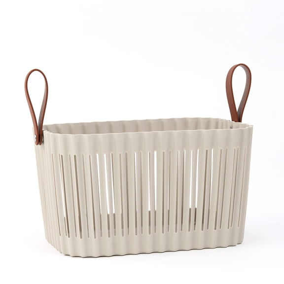 Organizing Essentials Large Plastic Storage Basket with Soft Handles – Tan & Brown Decorative Bin – Rectangular Organizer Basket, 10L