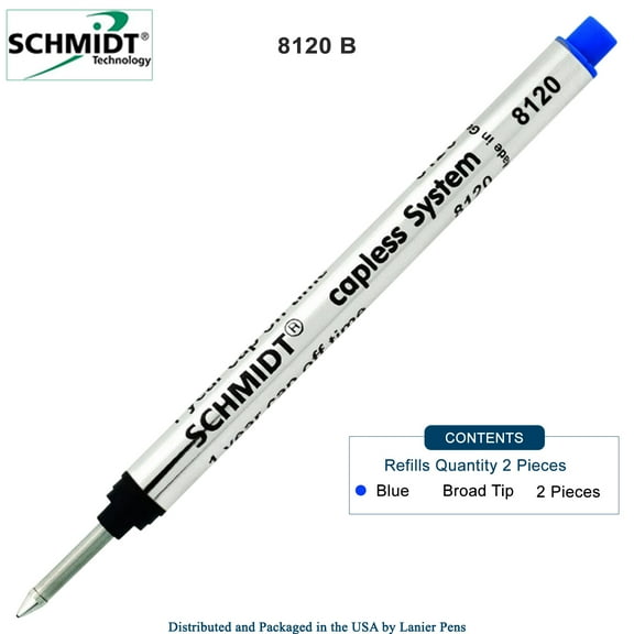 Schmidt 8120 Long Capless Rollerball Refill - Blue, Broad Point 1.0mm, 2 Pack (SC58134)