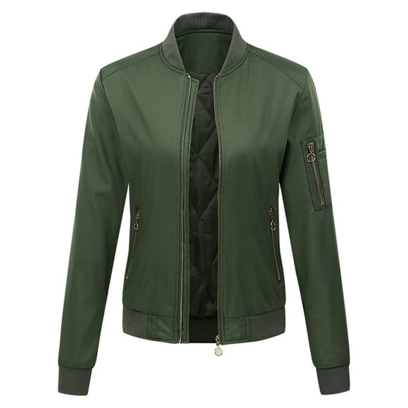 IROINID Women's Short Bomber Jacket Stand Collar Solid Color Long Sleeve Jacket Zipper Pocket Tops Outerwear, Army Green