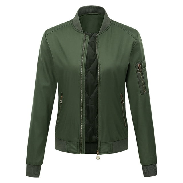 IROINID Blouson Bomber Court pour Femme à Col Montant, Couleur Unie, Veste à Manches Longues, Hauts avec Poche Zippée, Vêtement d'Extérieur, Vert Armée