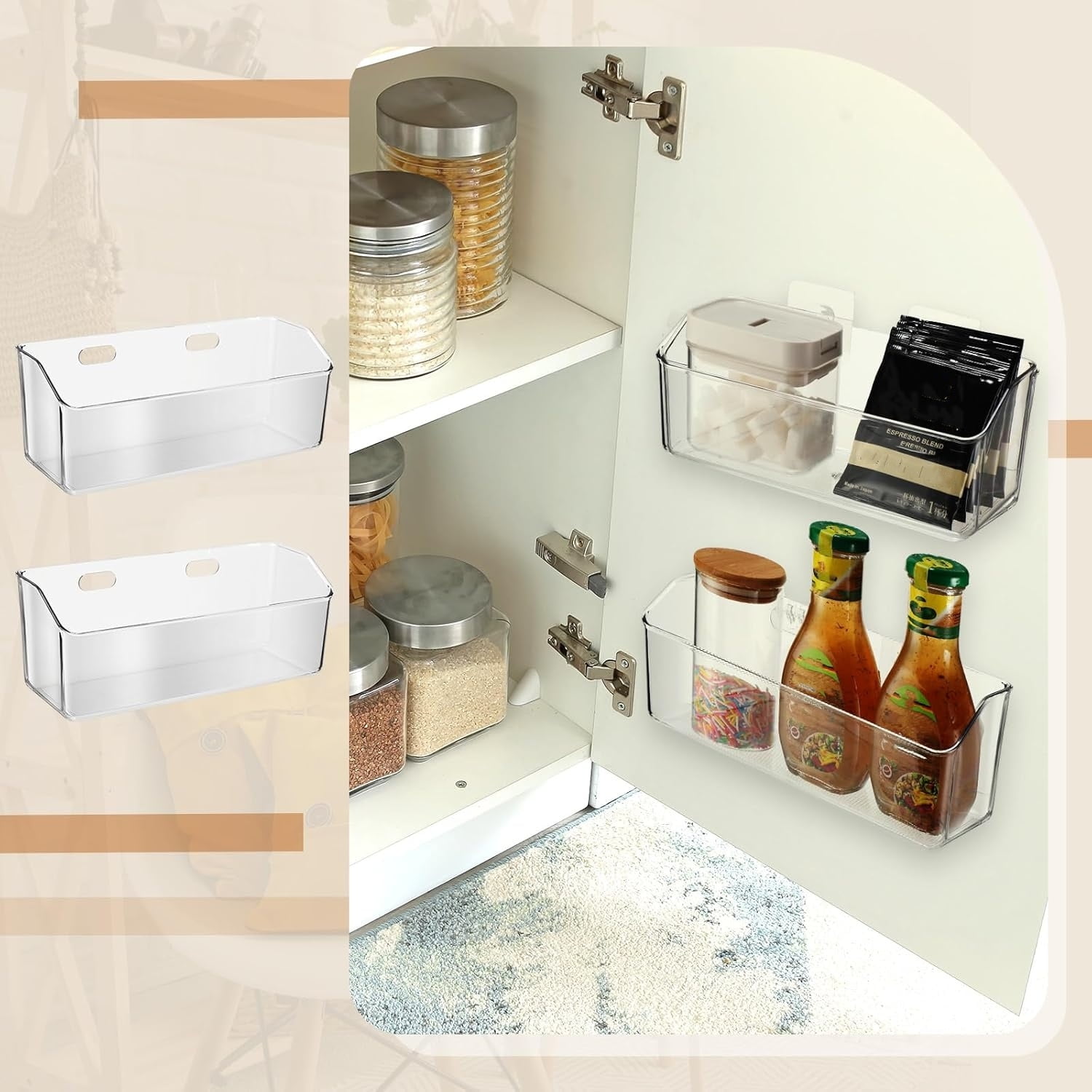 2 Pcs Wall Mounted Organizer Basket,Storage Organizer Bins,Self Adhesive Shower Caddy, Stackable Plastic Makeup Organizer, Clear Storage Shelves Organizing for Bathroom, Kitchen, Cabinet, Pantry