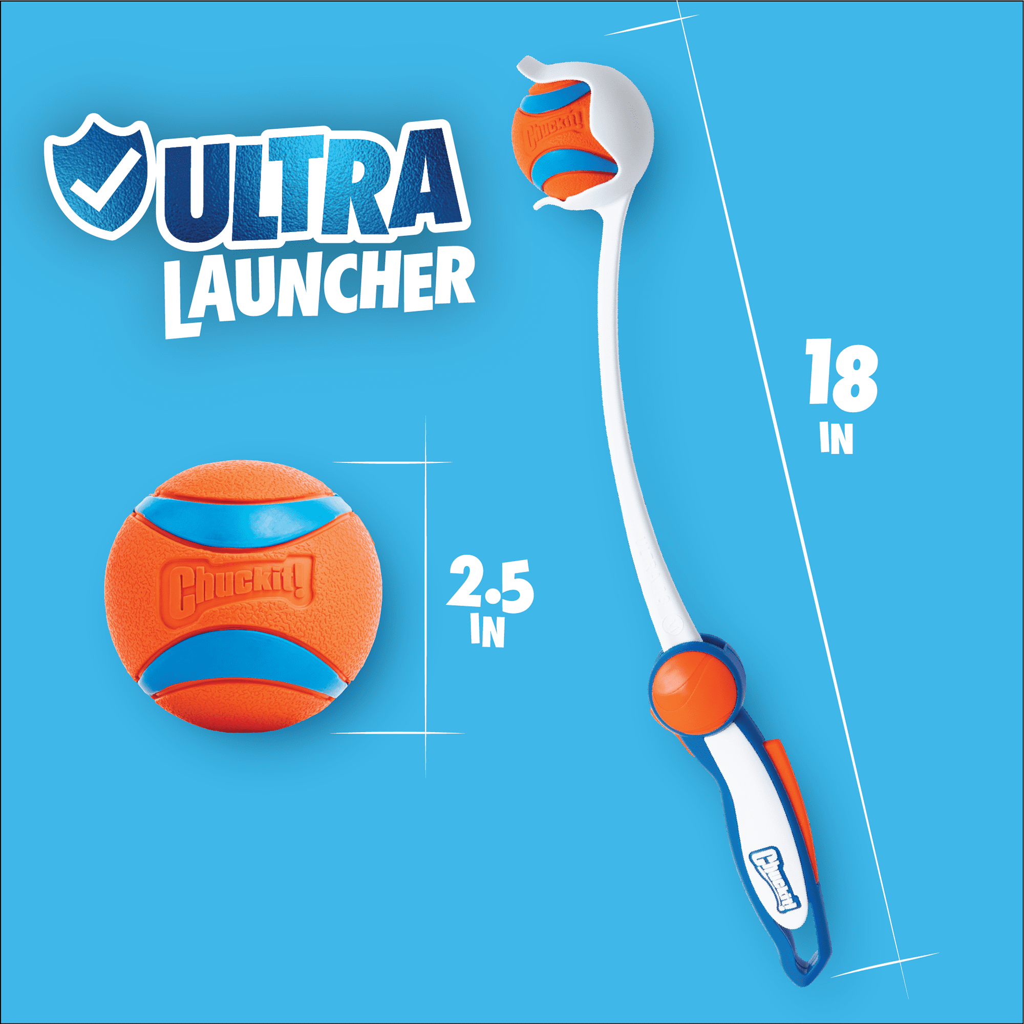 Chuckit! Ultra 18M Dog Ball Launcher Fetch Toy for Dogs, 18" Long Comes with Medium 2.5" Balls, for Pets 20 to 60 lbs, 3 Balls Included