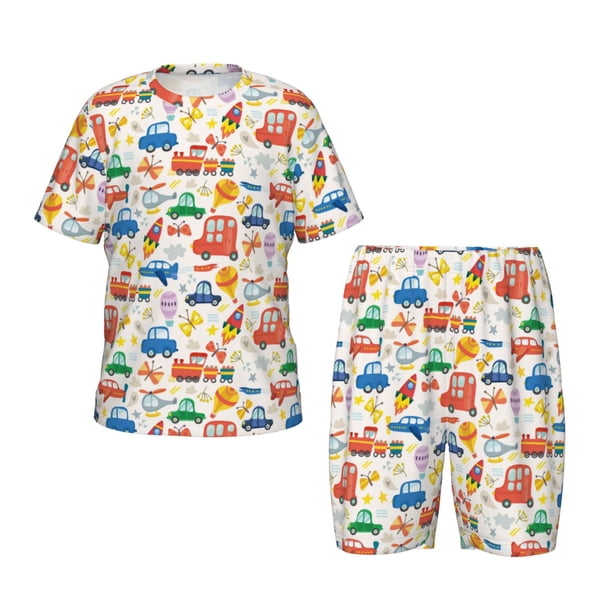 Balery Cartoon Transportation Conjunto de Pijama Infantil de Manga Corta con Estampado – Ropa de Dormir de Algodón Suave-X-Large