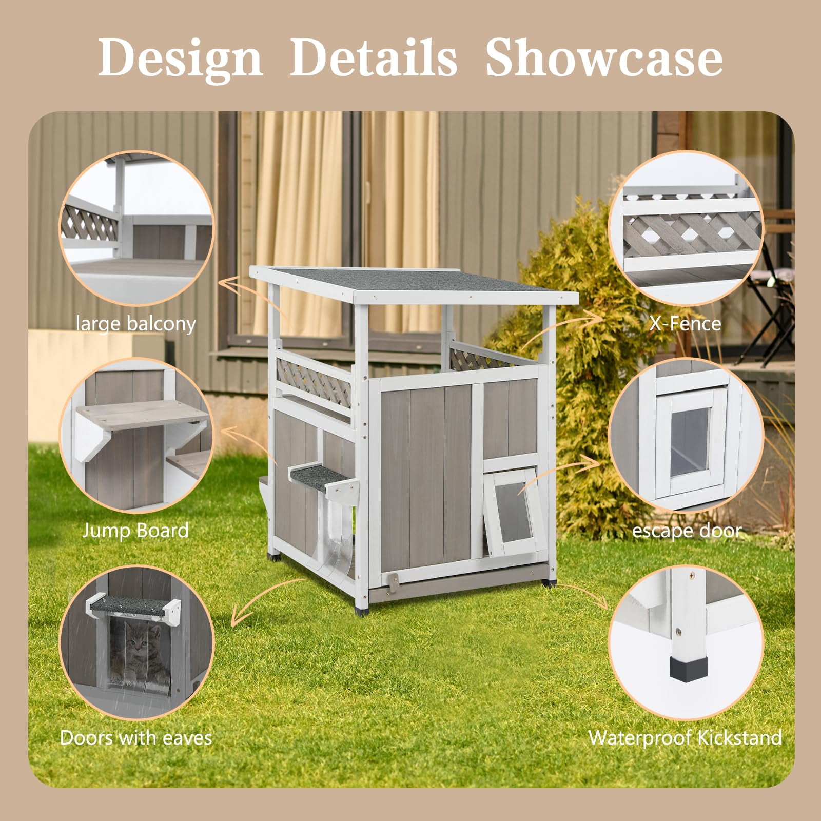Gowoodhut Two Story Cat House Outdoor Weatherproof, Wooden Outside Feral Cat Shelter with Large Balcony, Escape Doors, Easy Installation
