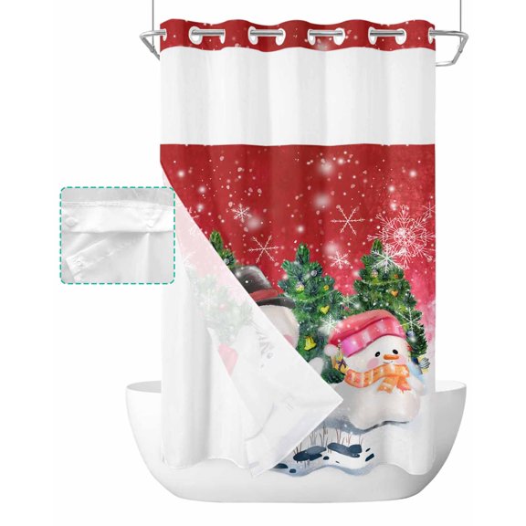 No Hook Shower Curtain with Snap in Liner, Christmas Cute Snowman Xmas Tree Winter Snow Hotel Shower Curtains for Bathroom, Washable Shower Curtain Liner Set with Mesh Top Window, 36"x72"