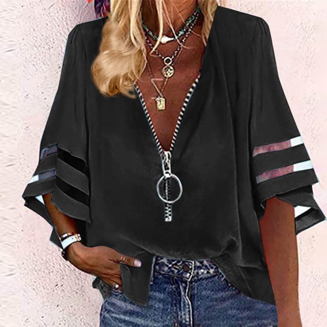 Lydiaunistar Womens Casual V-Neck Zip Blouse Spring Tops Sleeveless Solid Color Shirt Comfortable Stretch Relaxed Fit Plus Size for Daily Wear Black
