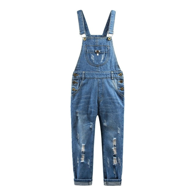 KIDSCOOL SPACE Girls Washed Distressed Denim Ripped Cotton Jean Overalls,4-5 Years