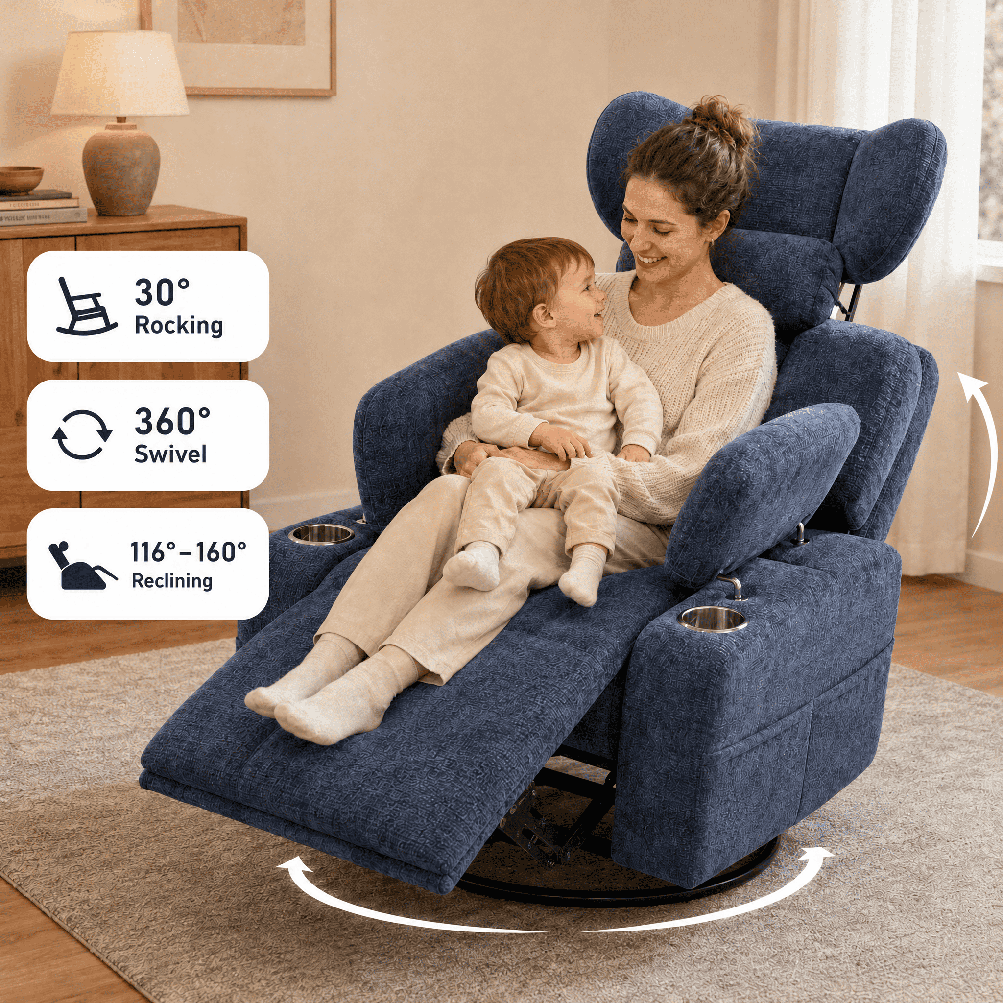 TiramisuBest Swivel Rocking Recliner Chair with Cup Holders,Big and Tall Manual Chenille Lounge Chair for Living Room,Blue